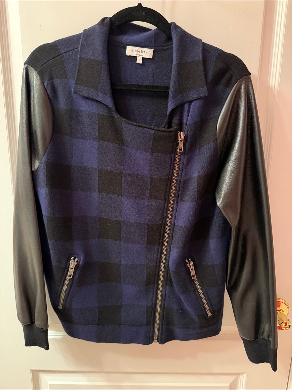 J. society Navy and Black Buffalo Plaid Bomber Jacket Black Faux Leather Sleeves